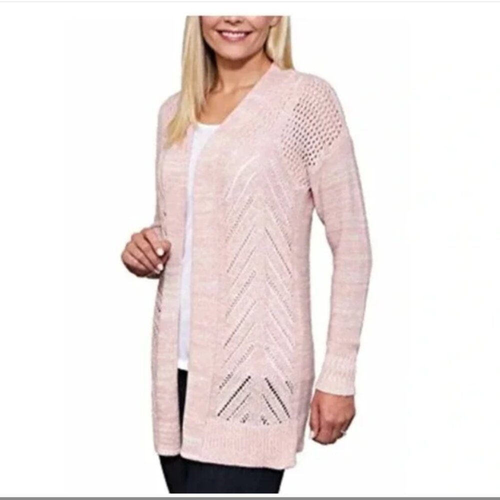 Leo & Nicole Cardigan Sweater XL Open Long Pointelle Loose Weave Knit Light Pink